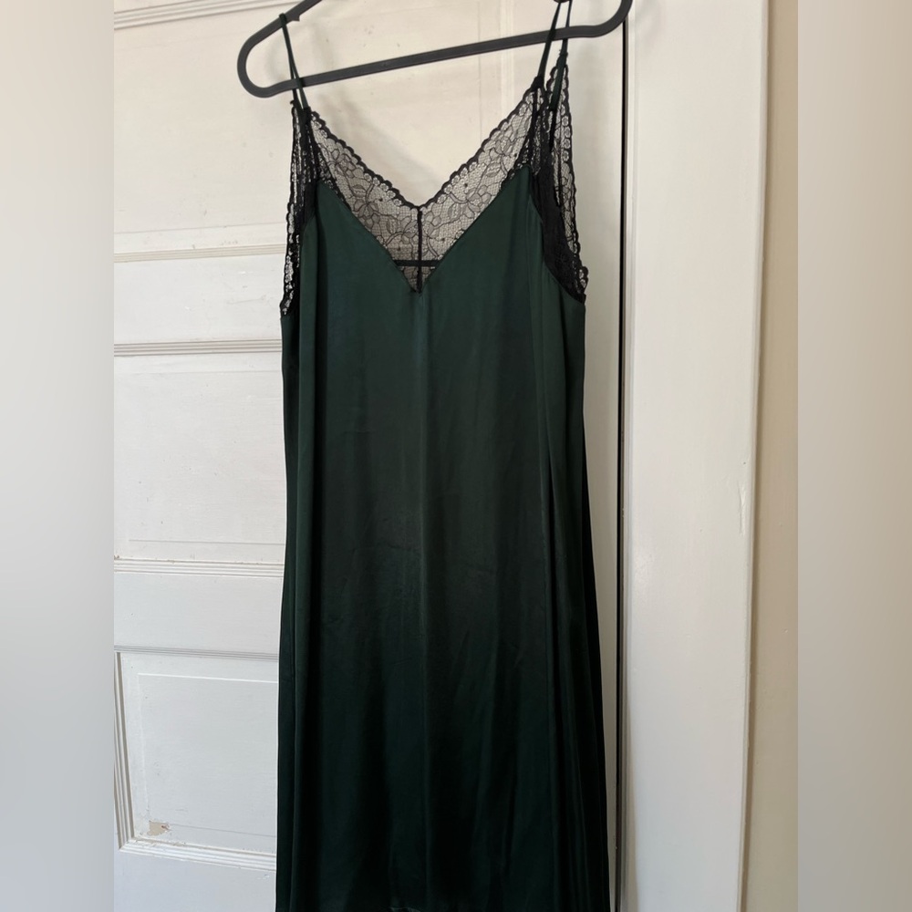 Mango Lace Trim Green Slip Dress